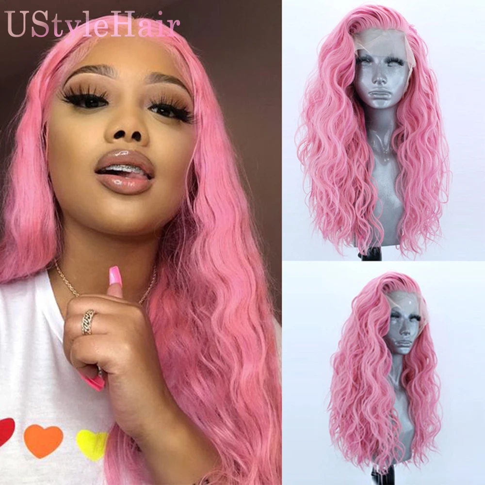 

UStyleHair Pink Wig Long Loose Curly Wigs for Women Synthetic Lace Front Wig Natural Hairline Daily Use Cosplay Pink Lace Wig