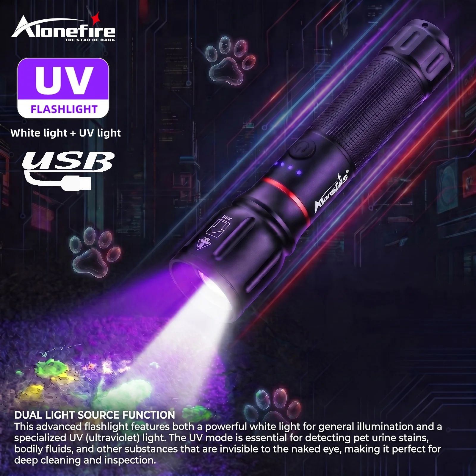 

Dual light Sources White Light+395nm UV USB Ultraviolet Flashlight Zoomable Violet Light Emergency Spotlight Telescopic Handheld
