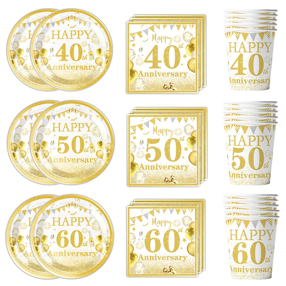 Fournitures de Table pour fête d'anniversaire joyeux 40 50 60e anniversaire, assiettes en papier sur le thème blanc et or, gobelets, serviettes, décors pour hommes et femmes, joyeux anniversaire