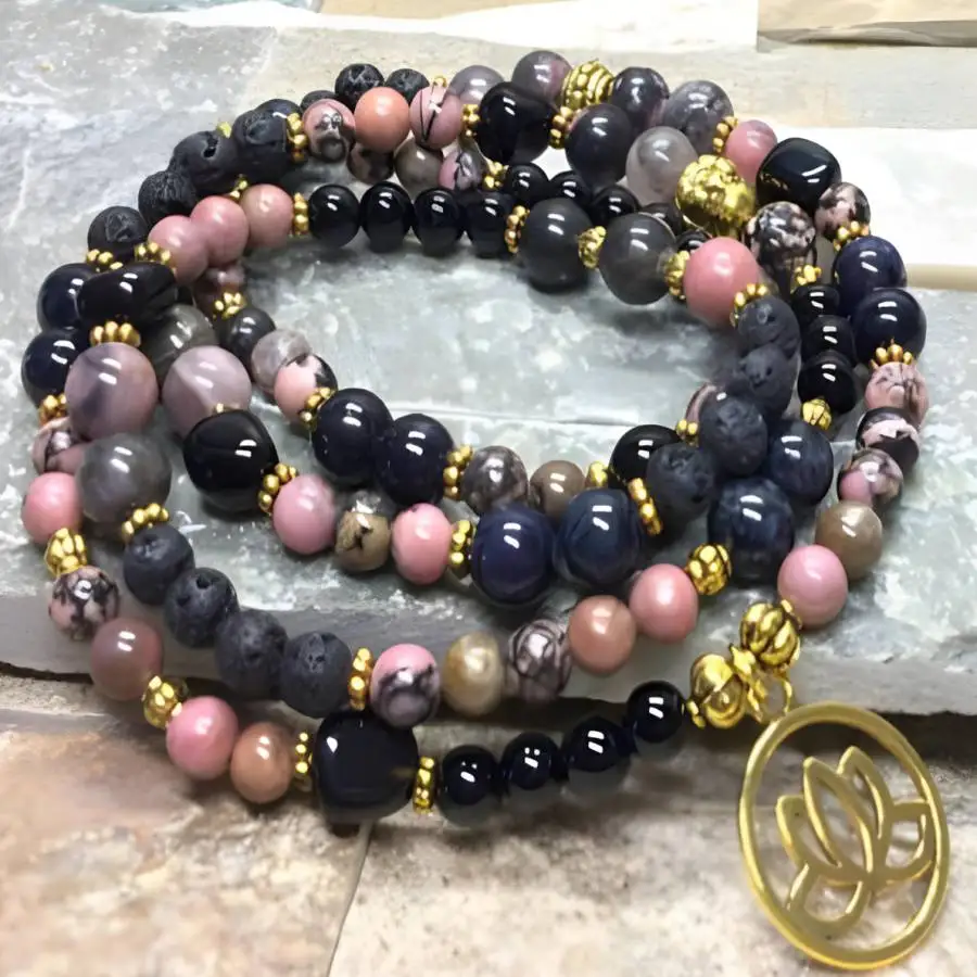 

6mm 108black Agate Gemstone volcanics Rose Stone Mala Bracelet Meditation Yoga tassel Tibetan Men's Bohemian Buddha Bodhi