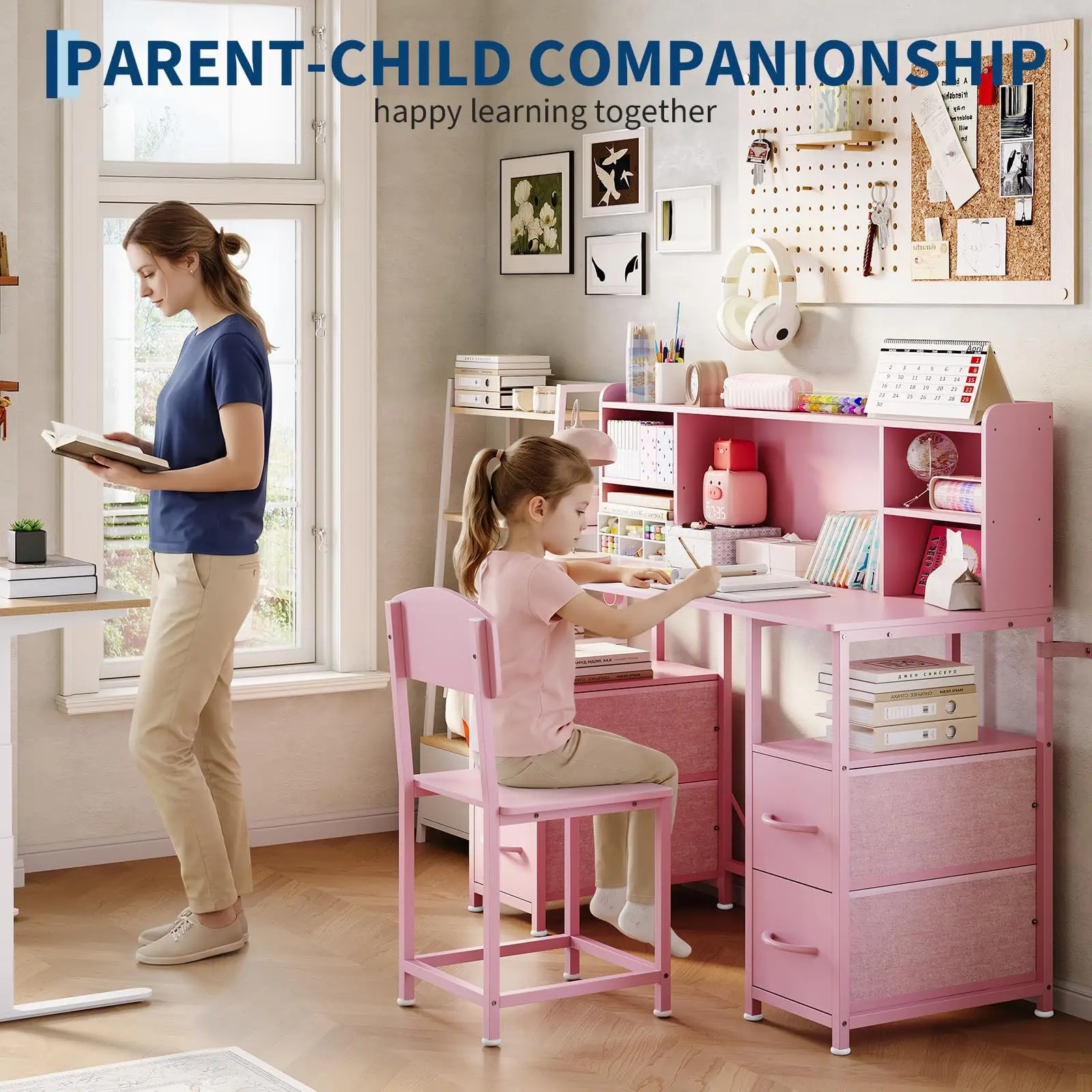 47.2 Inch Kids Desk And Chair Set With Hutch And Storage, Sturdy Metal Frame Kids Study Table For Ages 6 To 12, 4 Fabric Drawers, Detachable Hooks, Ergonomic Chair, Waterproof Top - view 2