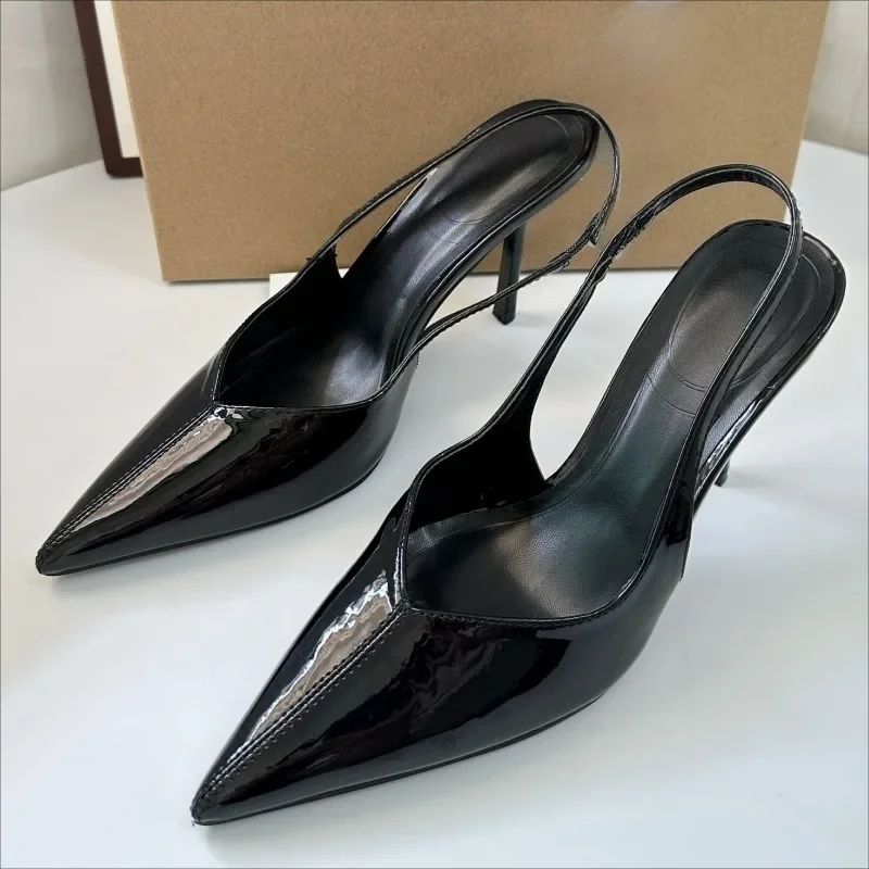 

2025 Summer High Heels Women Sandals Slip on Luxury Patent Leather Black Wine Ladies Dress Shoes Brand Party Stiletto Footwear