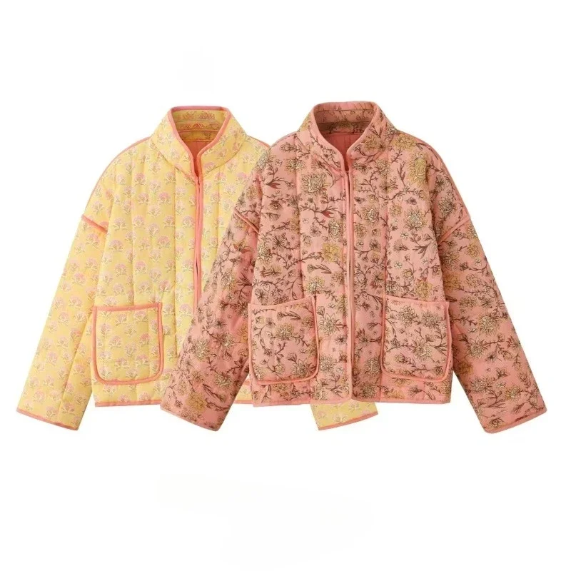 

Women's Parkas Fashion Printing Contrast Color Coat Stand Collar Short Styles Loose Long Sleeve Spliced Pockets Women Clothing