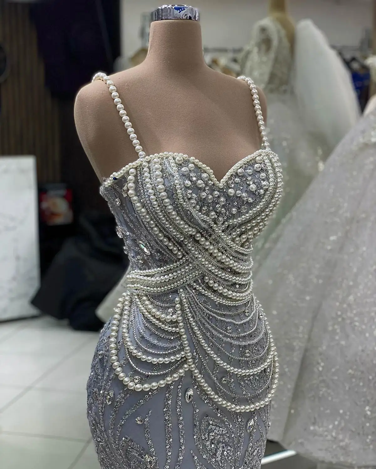 Big Pearls Mermaid Evening Dresses Crystal Beading Sequined Prom Gowns Custom Made Formal Special Occasion Dress