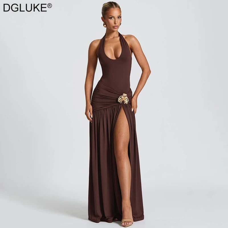 

DGLUKE Elegant Halter Backless Maxi Dress Woman Ruched Drop Waist Long Dress Summer High Split Evening Party Dresses