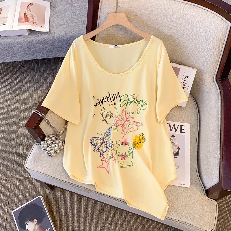 

150Kg Plus Size Summer Women's Bust 156 Loose Short sleeved O-Neck T-Shirt Pringt Top yellow 5XL 6XL 7XL 8XL 9XL