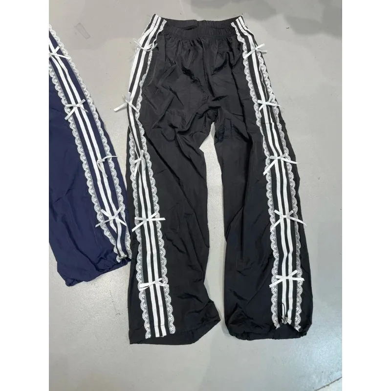 السراويل السوداء مرونة الخصر الدانتيل الأبيض حافة قطاع فراشة القدم Sweatpants النساء السراويل الرياضية النساء الفتيات ملابس كاجوال فضفاضة #1