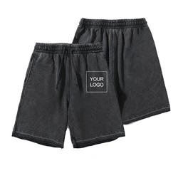 Summer Men's Custom Logo Shorts Vintage Washed Cotton Shorts Loose Casual Beach Short Pants Sportwear Gym Jogging Pants