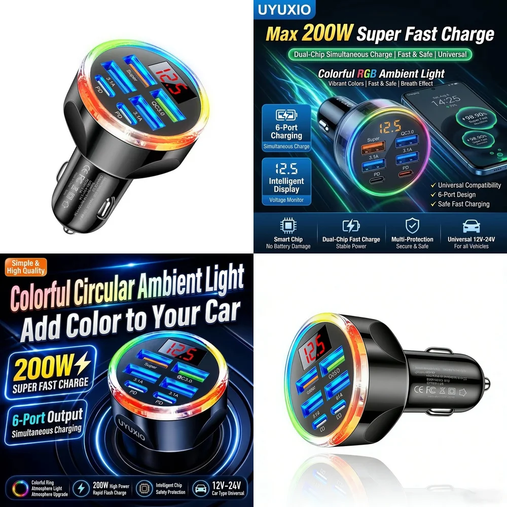 Universal 6 in 1 Car Charger Plug Trending for iPhone 18 17 16 Samsung S26 S25 S24 with RGB Light Real Time Digital Voltage Hub