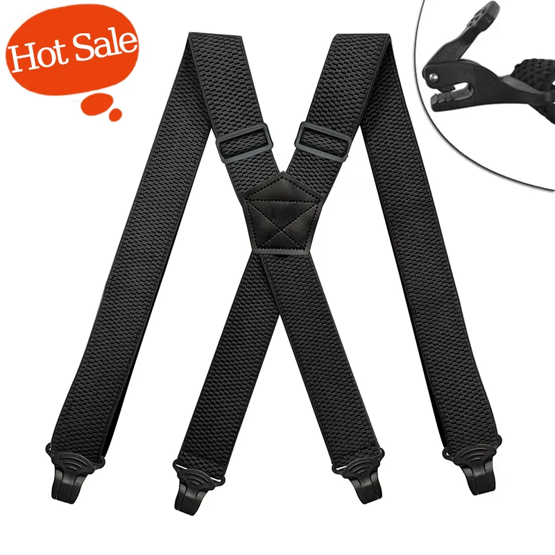 

2026 Men's Heavy-Duty Work Suspenders 3.8cm Wide X-Back Adjustable Elastic Trouser Braces Black with 4 Plastic Gripper Clasps
