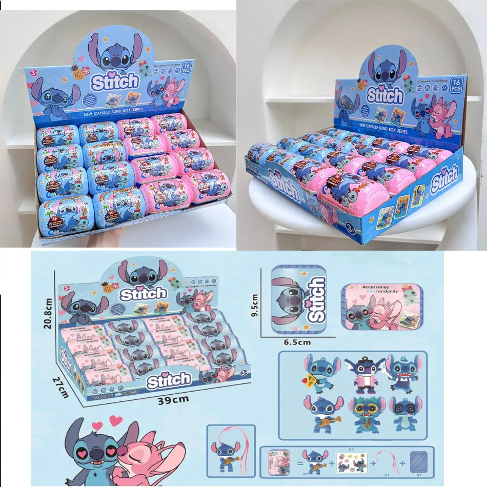 

16 шт., новая экшн-фигурка Лило и Стич, капсула, аниме, глухая коробка, рюкзак-сюрприз, кулон, брелок, веревка, кукла, игрушка, детский подарок