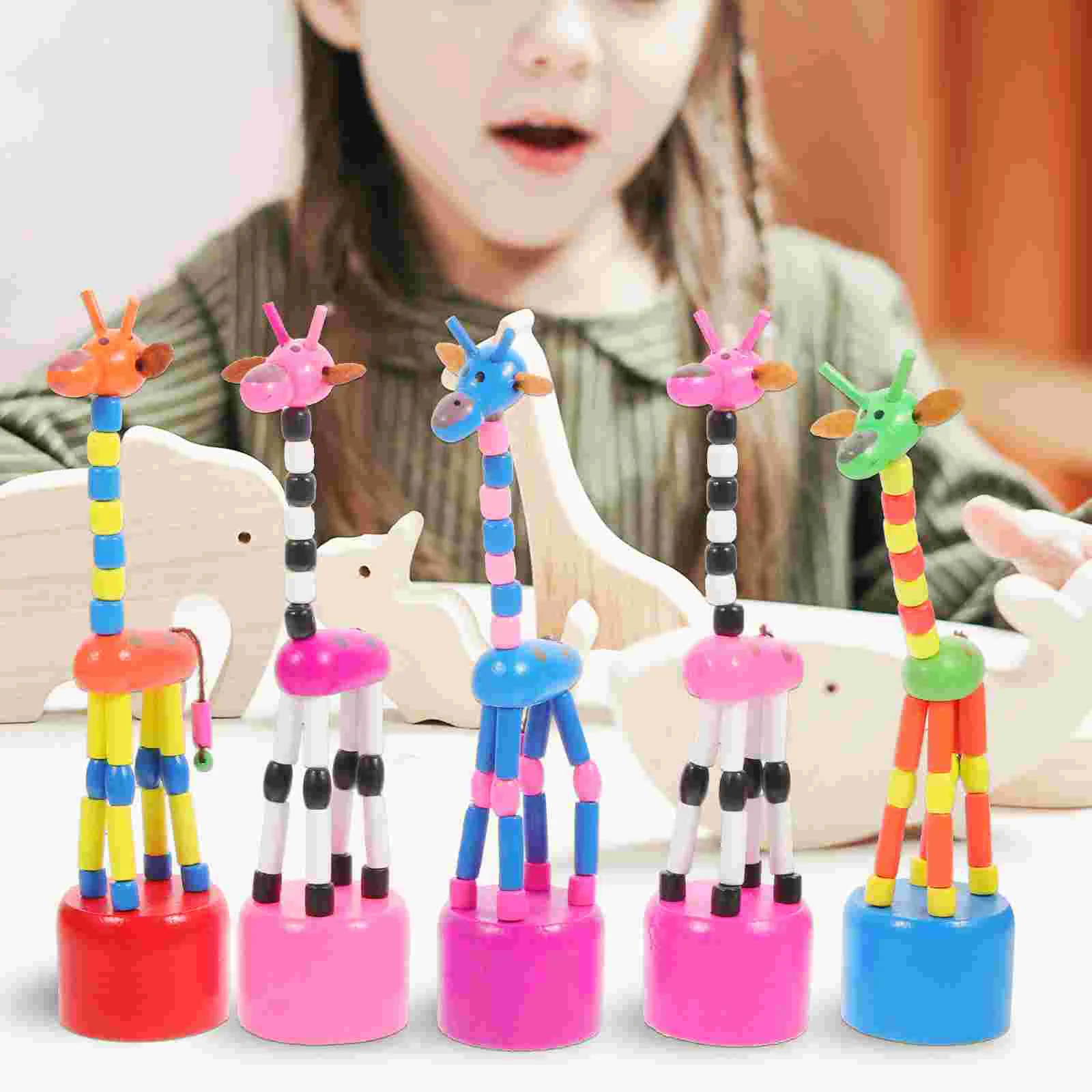 5 pçs girafa de madeira brinquedos favores push up fantoches criativo design dos desenhos animados seguro resistente crianças presentes balanço jogar sem rebarbas à prova de desbotamento