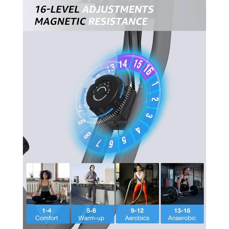 دراجة تمرين داخلية لكبار السن، دراجة ثابتة 5 في 1 قابلة للطي مع مقاومة مغناطيسية 16 مستوىًا وركوب ثلاثي المواضع