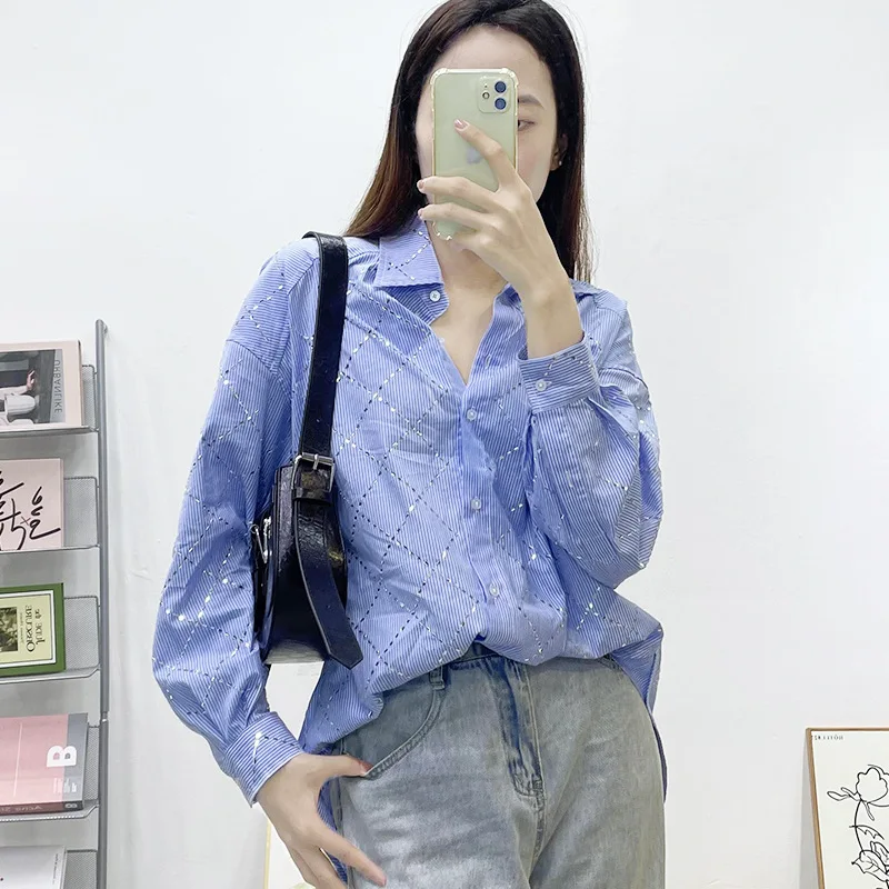 High Quality Spring Summer Long Sleeve Cardigans Top Mid-long Stripes Hot Drilling Casual Shirt Elegant Loose Elegant Blouses