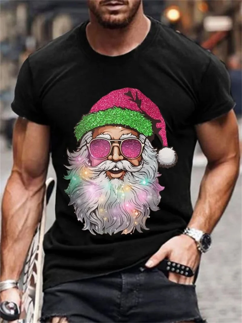 Santa Claus Print T Shirt For Men New Year Party Christmas Clothing Leisure ​O-neck Short Sleeve Tops Fashion Oversized T-Shirts