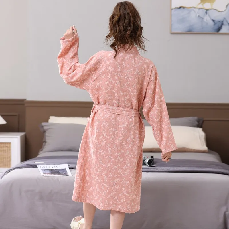 Fashion V-neck Printed Long Sleeve Loose Kimono 100% Cotton Gauze Robe Pajama Women New Spring Autumn Ins Bathrobe For Home