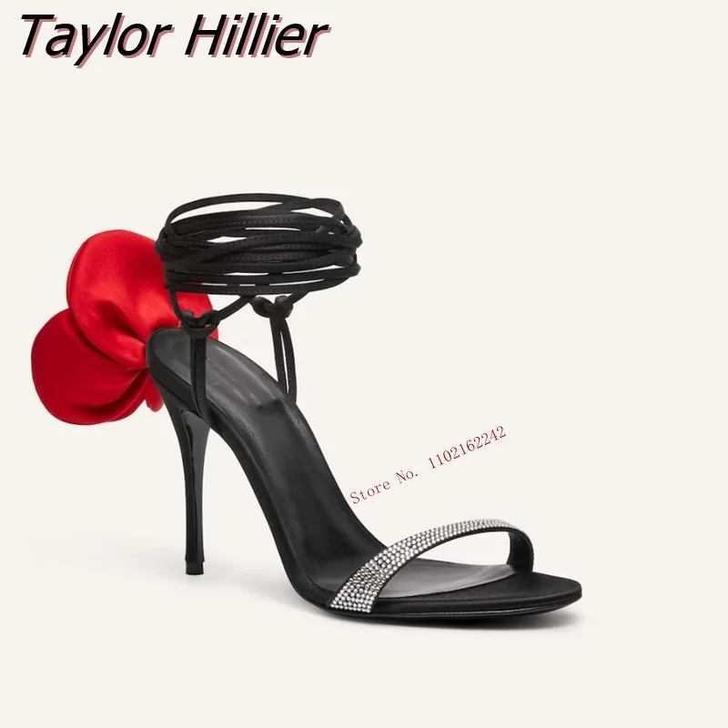 Summer Temperament Satin Rose High-Heeled Shoes Round Toe Stiletto Heel Strappy Sandals Fashion All-Match Winding Wedding Shoes