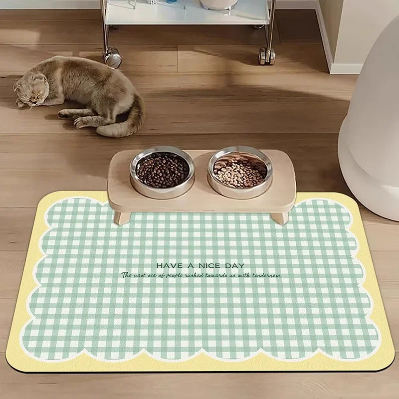 

Pet Waterproof Carpet Cat Dog Eating Mat Green Plaid Pvc Leather Non-slip Floor Mats Cute Sweet Home Decoration Rug for Kitchen
