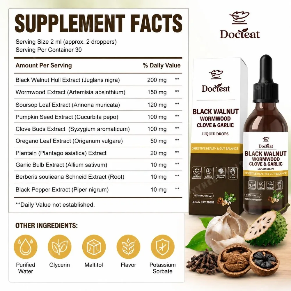 Docteat Black Walnut Wormwood Clove Garlic 10-in-1 Herbal Drops with Soursop - Digestive Health Gut Balance, 60ml Vegan Non-GMO