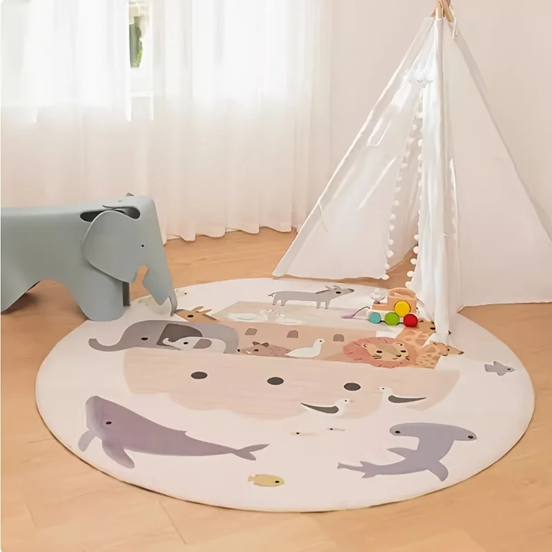 Chic Round Safari Animal Rug Mat for Nursery Kids Bathroom Decor Washable Play Area Floor Rug Lion Giraffe Jungle Zoo Theme