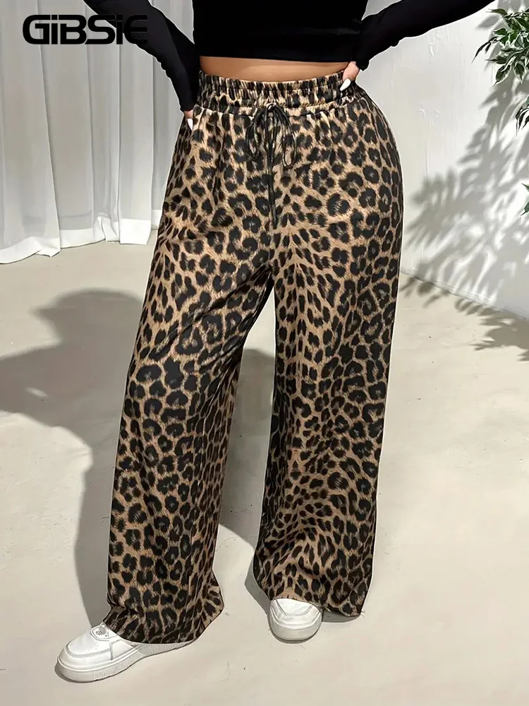 

GIBSIE Plus Size Leopard Print Drawstring Wide Leg Pants Women 2025 Spring Summer High Waist Loose Casual Straight Trousers