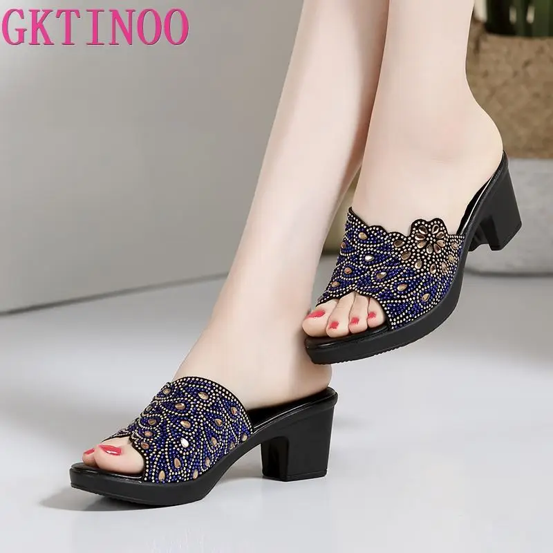 GKTINOO Women Slipper\'s 2024 Ladies Summer Slippers Shoes Women High Heels Fashion Rhinestone Summer Shoes Genuine Leather