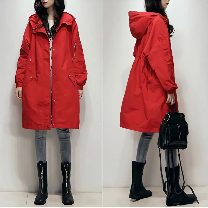 

Casual Hood Trench Coat Women Medium Length Korean Embroidered Red Windbreaker Spring Autumn Loose Waist Fashion Overcoat Female