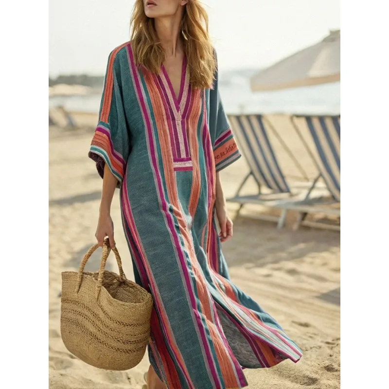 New Women's Casual Long-sleeved V-neck Digital Printed Women's Loose Color Blocking Dress