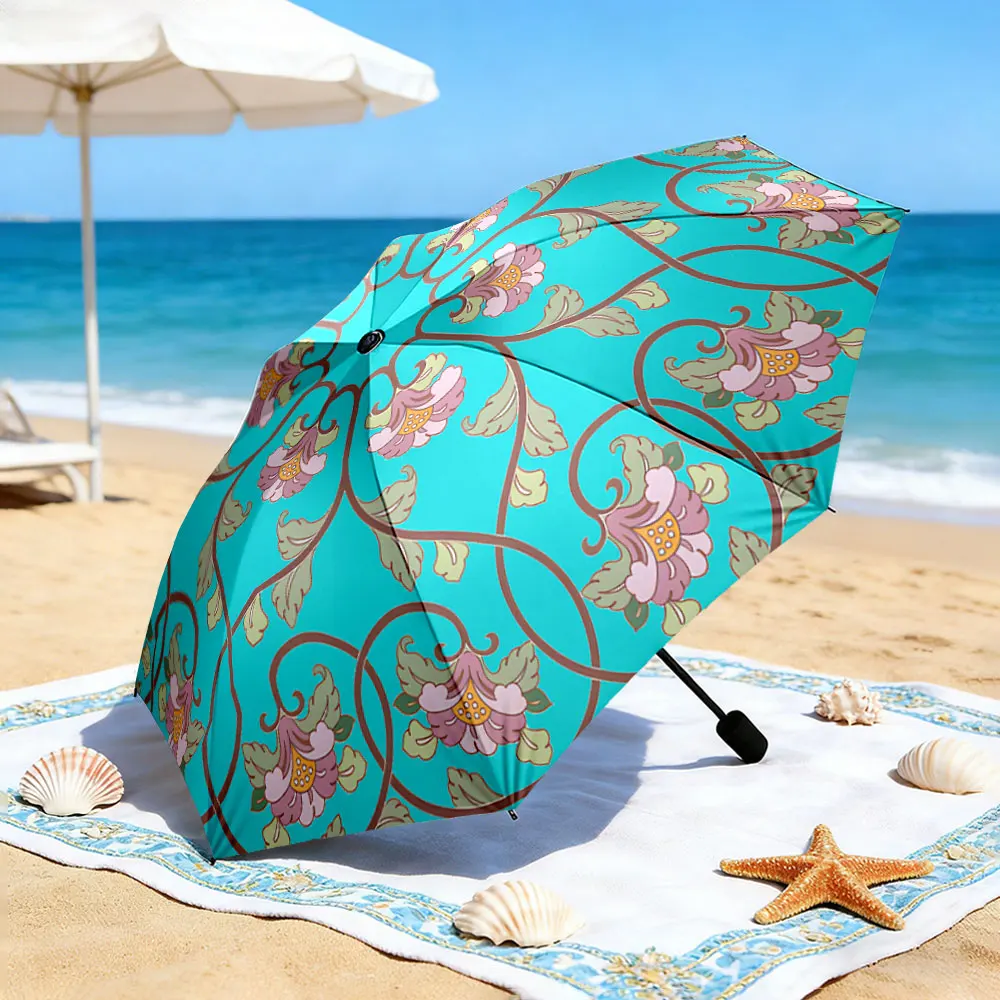 1PC Elegant Flower-Patterned Umbrella by a Scenic Lakeside Picnic Print 8 Iron Ribs Folding Umbrella Auto-Open Fashion Sunshade