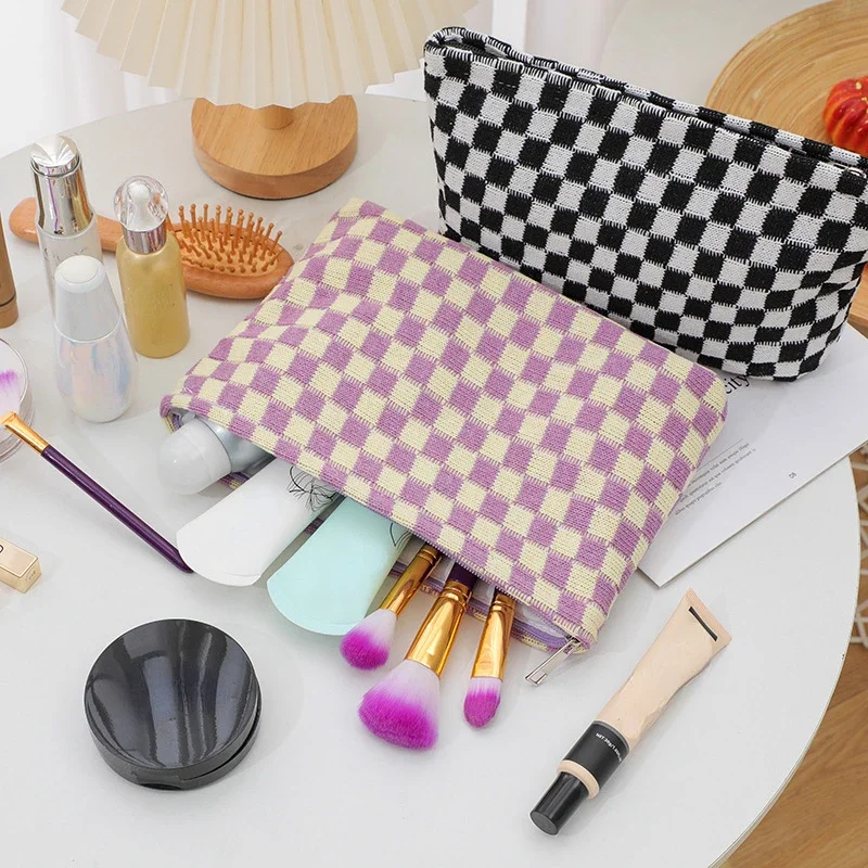 Women's Colorful Checkered Cosmetic Bag Travel Toiletry Pouch Organizer Cute Makeup Brushes Aesthetic Accessories Storage Bag