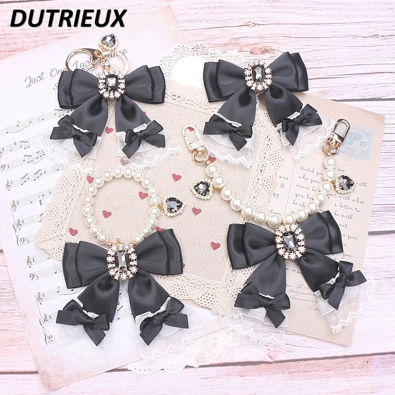 Japanese Original Handmade Lace Bow Hair Accessories Rhinestone Stringed Pearls Handbag Pendant Decorative Wrapper Chain