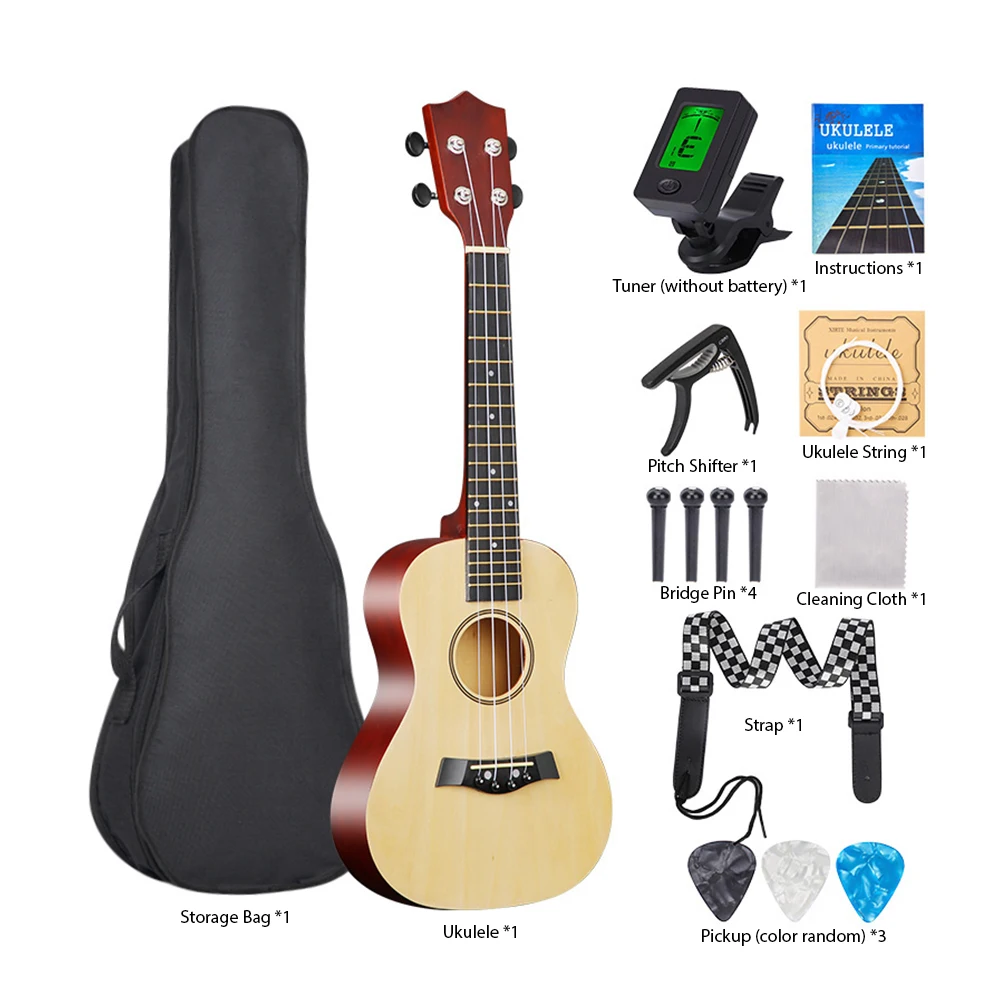 23inch Ukulele Acoustic Ukulele Kit with Storage Bag Strap Bridge Pin Pitch Shifter Pickup Tuner Cleaning Cloth