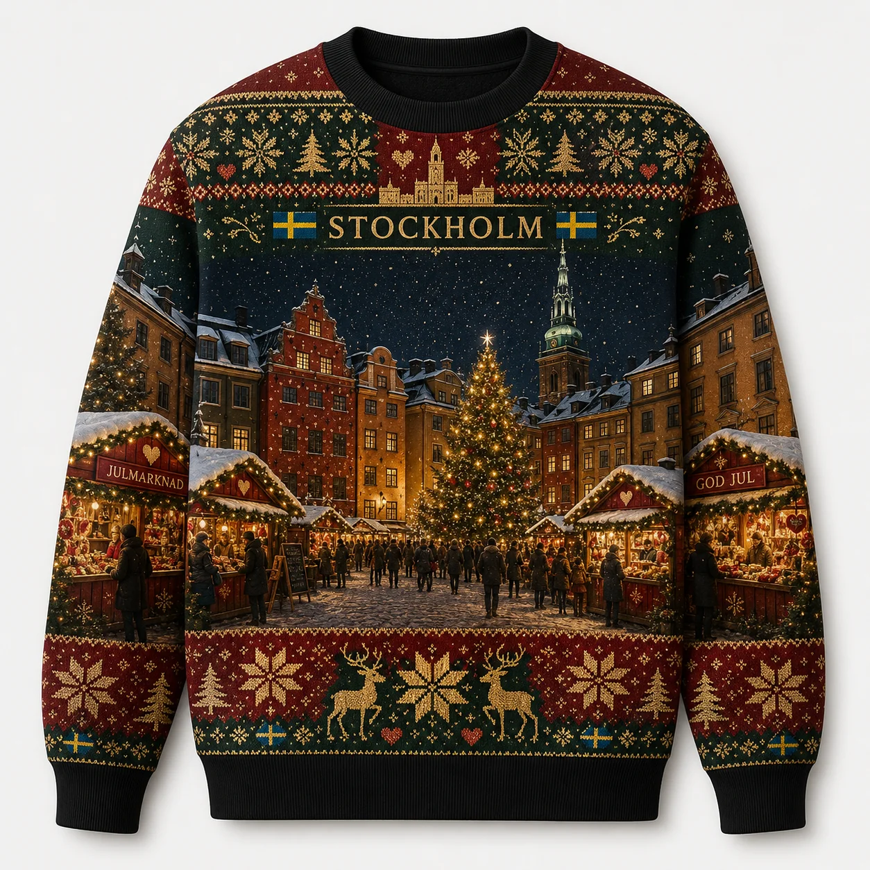 Hot Sweden Ugly Christmas Sweater, Nordic Style Holiday Sweaters For Adults Featuring Crown Emblem Snow Christmas Party Outfit