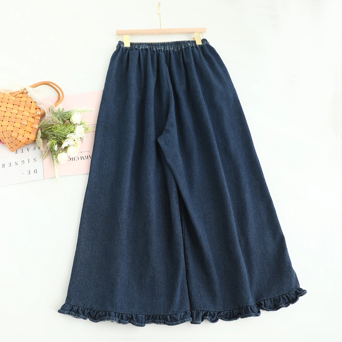 和風モリガール風リボン花柄刺繍フリルデニムワイドレッグパンツ女性用ゴムウエストカジュアルルーズストレートジーンズパンツ