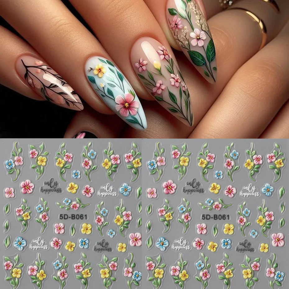 5D-geprägter grüner Weinblatt-Blumenstrauß-Nagelaufkleber – frische, farbenfrohe, blühende fünfblättrige Blumen-Designs, Nagelaufkleber für Nageldekoration