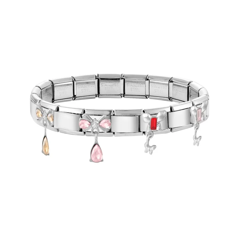 Y2K Italian Charm DIY Basic Zircon Bow Flower Butterfly Heart Pendant Beads Stainless Steel Bangle Versatile Gift 9MM Universal