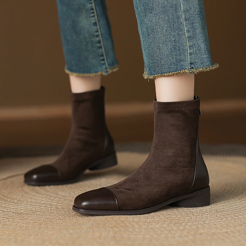 New Square-toed Suede Mid-heel Elastic Skinny Boots for Autumn and Winter 2026, Sizes 33-43