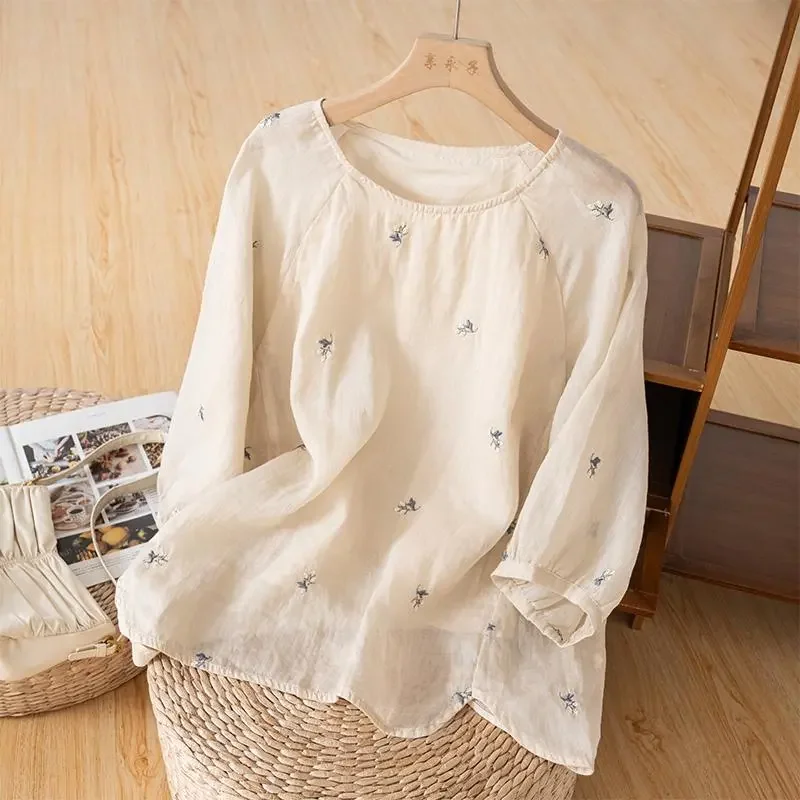 

Women Linen Cotton Embroidered Blouse 3/4 Sleeve Loose Casual Summer Top