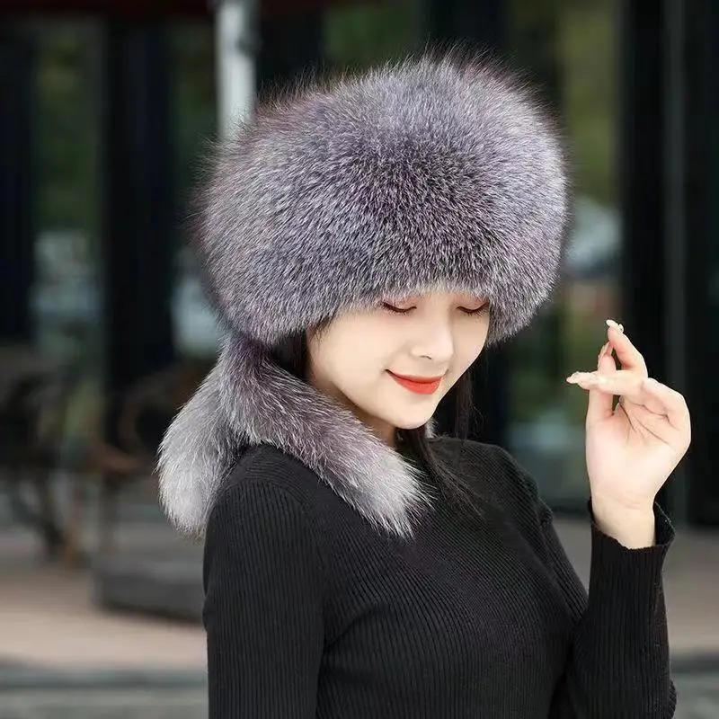 

Autumn and winter women's 100% true fox fur full board fur multi-functional warm ear cap with thick brim lovely three-tail ski c