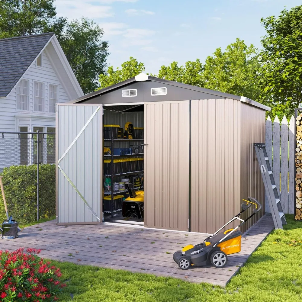 

8 x 5.6ft Outdoor Storage Shed with Base, Outside Lawn Mower Storage, Metal Shed, Sheds & Outdoor Storage with Lockable Door