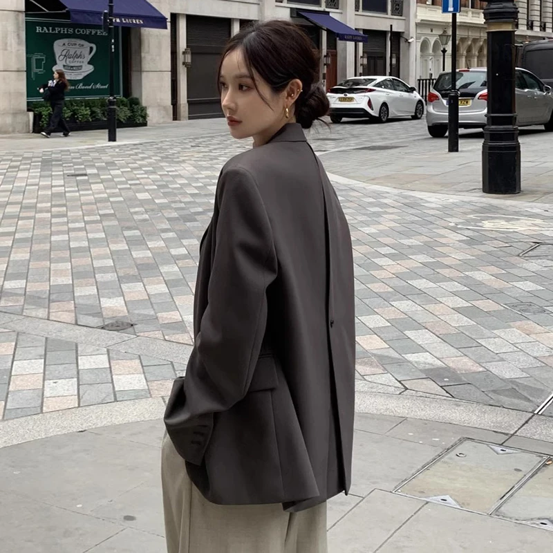 

Chic Autumnal Loose Fit Pure Color Long Sleeve Women's Suit Jacket Back Button Design Versatile Casual Commute Style