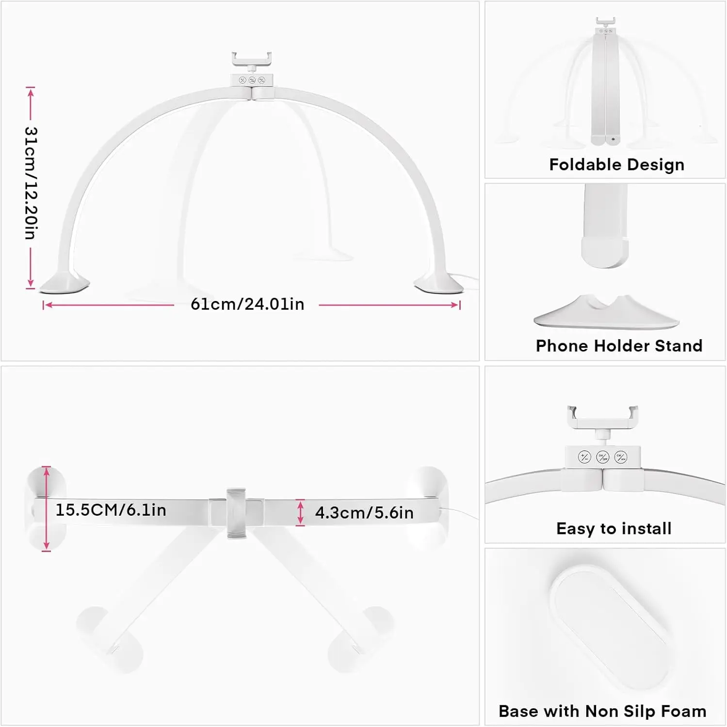 โคมไฟเล็บรูปตัวยู Half Moon Light สำหรับตกแต่งเล็บที่บ้าน โคมไฟเสริมความงามสำหรับร้านเสริมสวย โคมไฟตั้งโต๊ะสำหรับดูแลเล็บแบบเรียบง่าย โคมไฟ LED 36W 24 นิ้ว