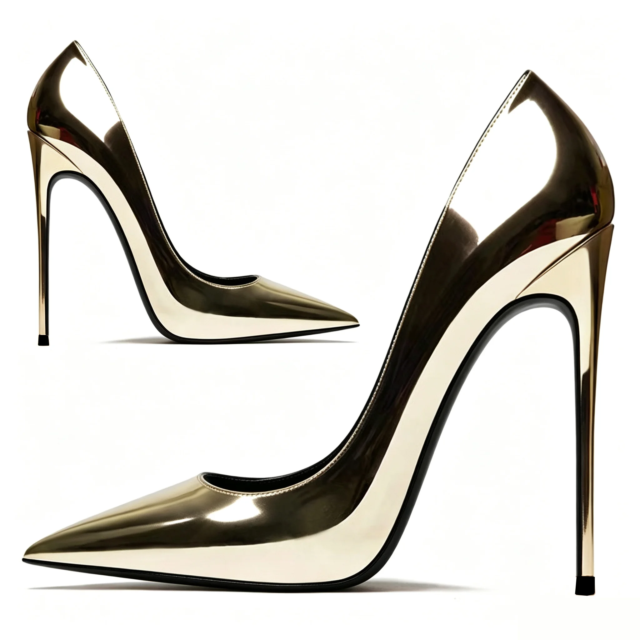 Women's Gold Stiletto Heels 10/12/13cm Pointed Toe Shallow Vamp Mirror Finish Plus Size Single Shoes for Stage Performance