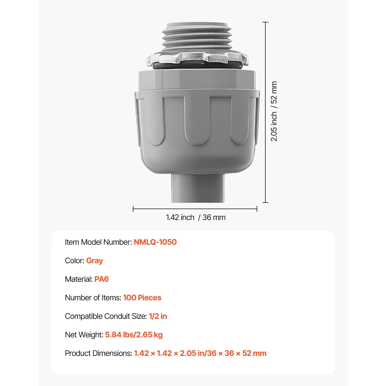1/2 in 100 pcs Liquid Tight Connector Non-Metallic Conduit Fitting Connector