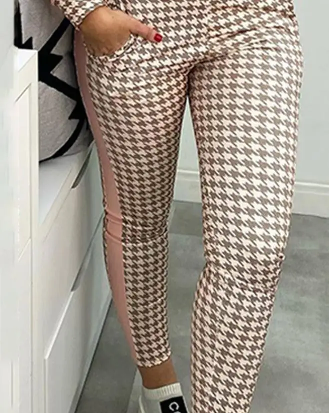 Houndstock Printed Color Blocking Top and Pocket Design Pants Set 2023 New Hot Selling Women's Fashion