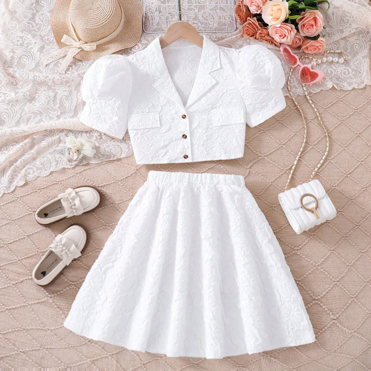 Fashion Girl Clothes Set Teenager Girl Suits Lace Elegant Top Shirt Jacket and Skirt Formal Plus Size Kids Clothing Children