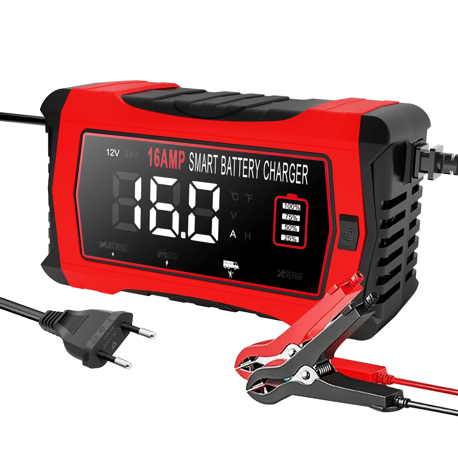 6V 12V 24V 16A Universele Reparatie Auto Acculader Intelligente Reparatie Motorfiets Oplader voor Lood-zuur AGM GEL LiFePO4 Batterij