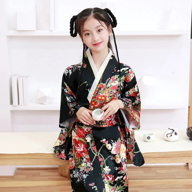 

Kids Novelty Japanese Kimono Vintage Performance Cosplay Costume Girls Traditional Asian Clothes Printed Flower Yukata with Obi