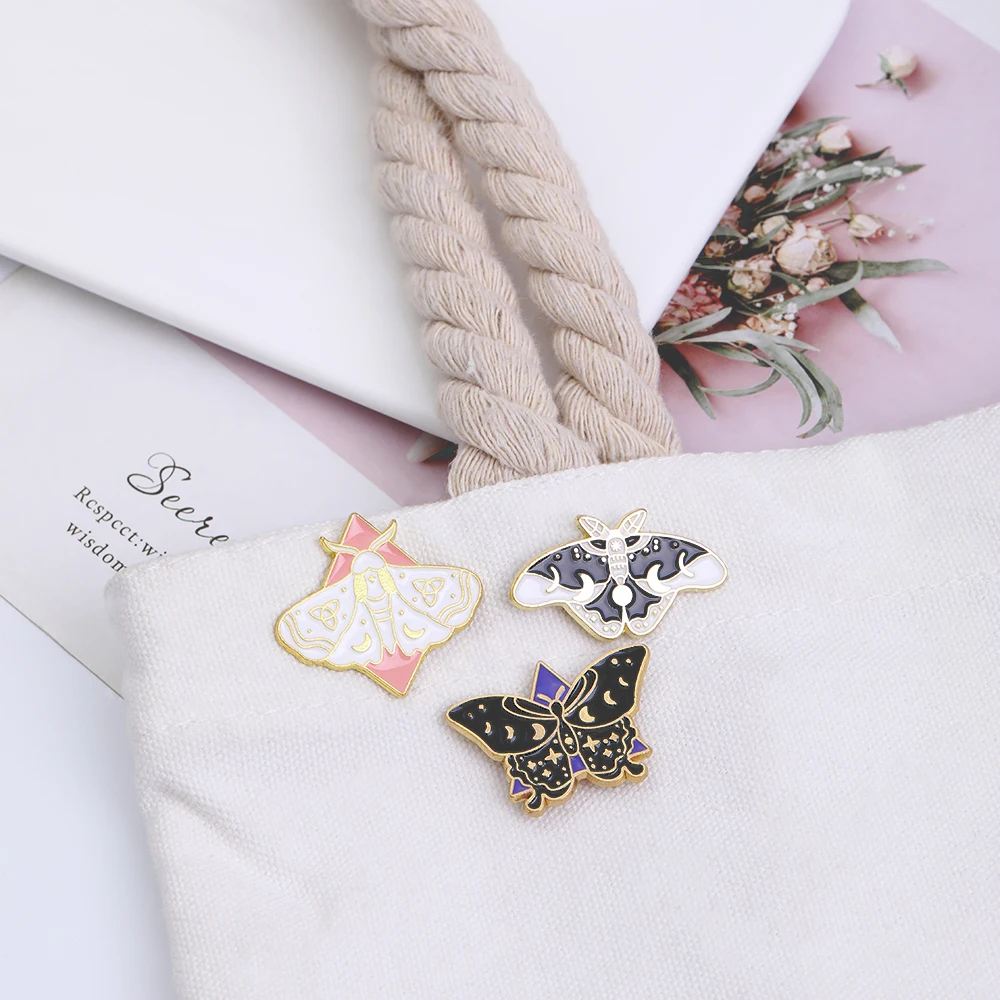 3 Pcs Butterfly Tombstone Collection Pins Set Moon Star Pattern Butterfly Enamel Brooches