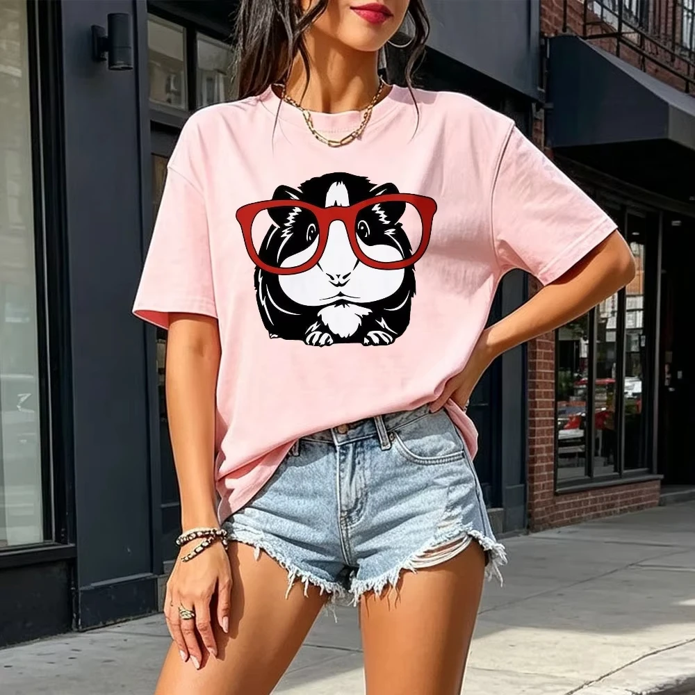 Funny Guinea Pig With Glasses T-Shirt Animal Lover Shirt ute Smart Rodent Pet Humor  Women Casual Shirt Unisex Tops